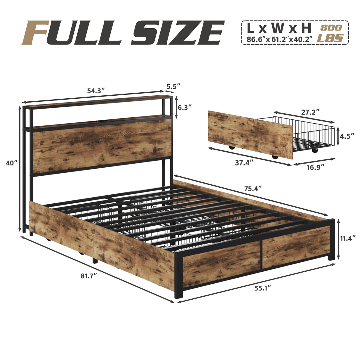 Fluest Full Bed Frame with 2-Tier Storage Headboard, USB Port and LED Light, 4 Storage Drawers,Retro Brown