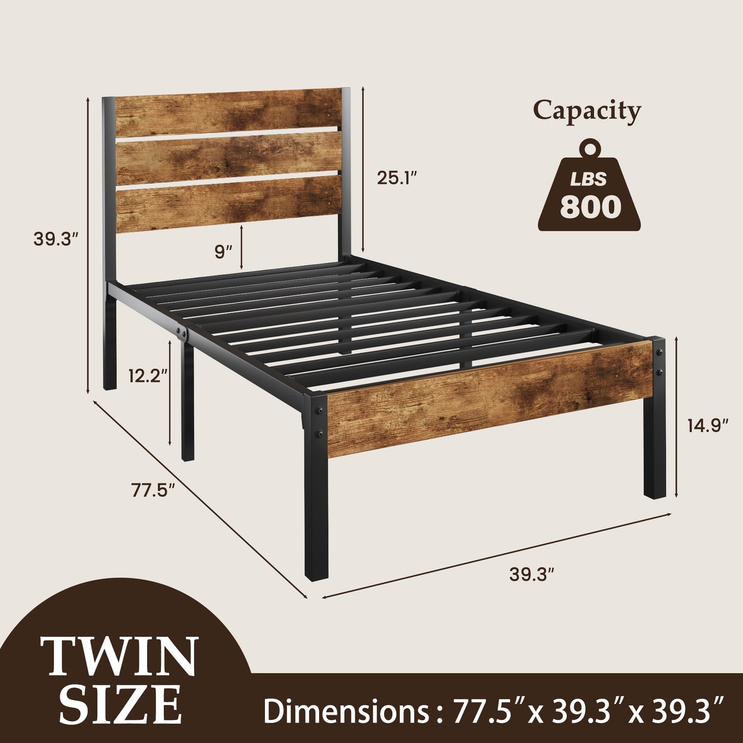 Fluest Twin Size Bed Frame with Headboard and Footboard,Metal Support,No Box Spring Needed, Rustic Brown