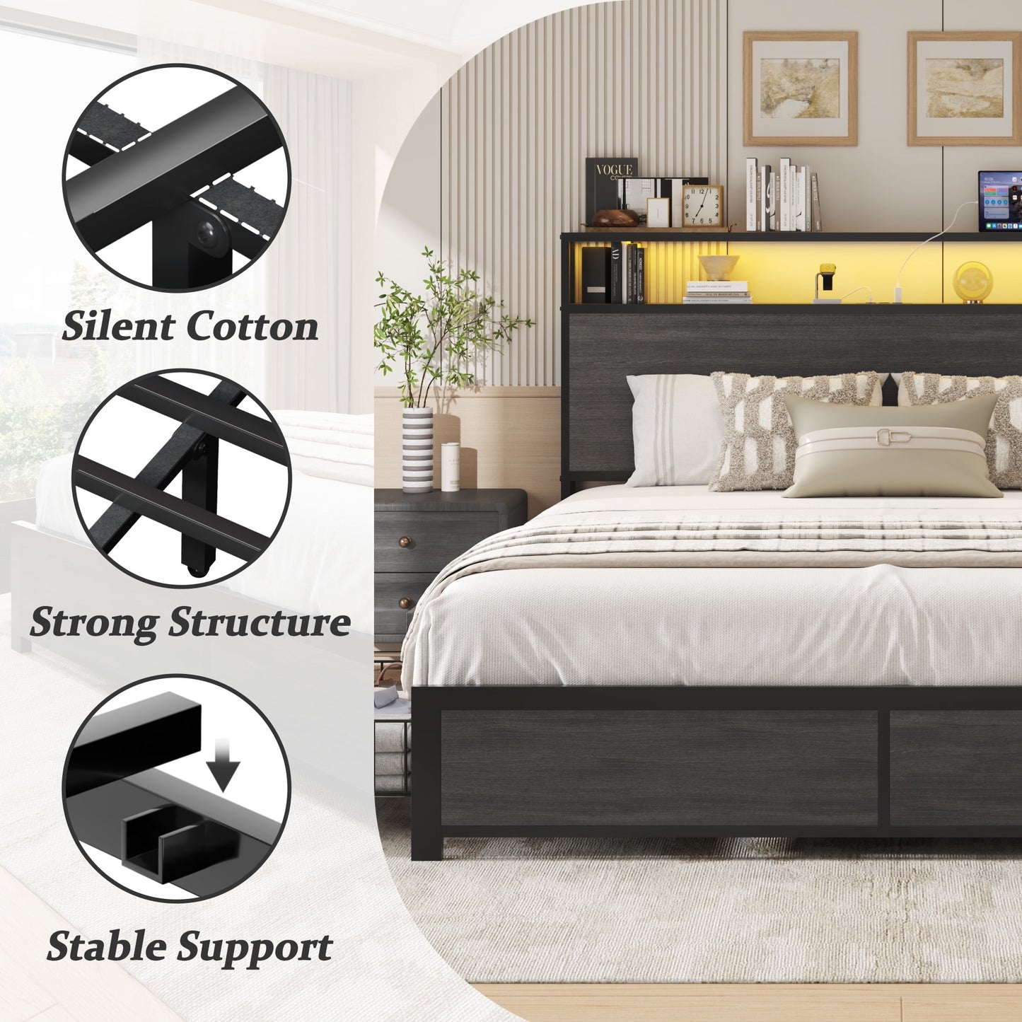 Fluest Queen Bed Frame with 2-Tier Headboard,Metal Support,USB Port & LED Light, 4 Storage Drawers, Grey