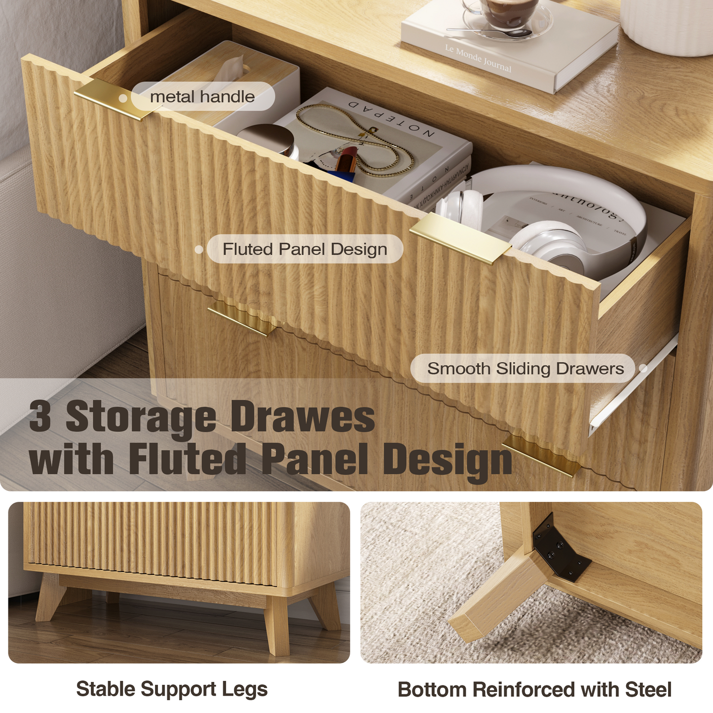 Fluest 32” Wide Nightstands with Fast Charging Station, 32’’ Tall Fluted Night Stand with 3 Large Drawers, Modern End Table Beside Table for Bedroom, Living Room, Curved Profile Design, Anti-Tip Design