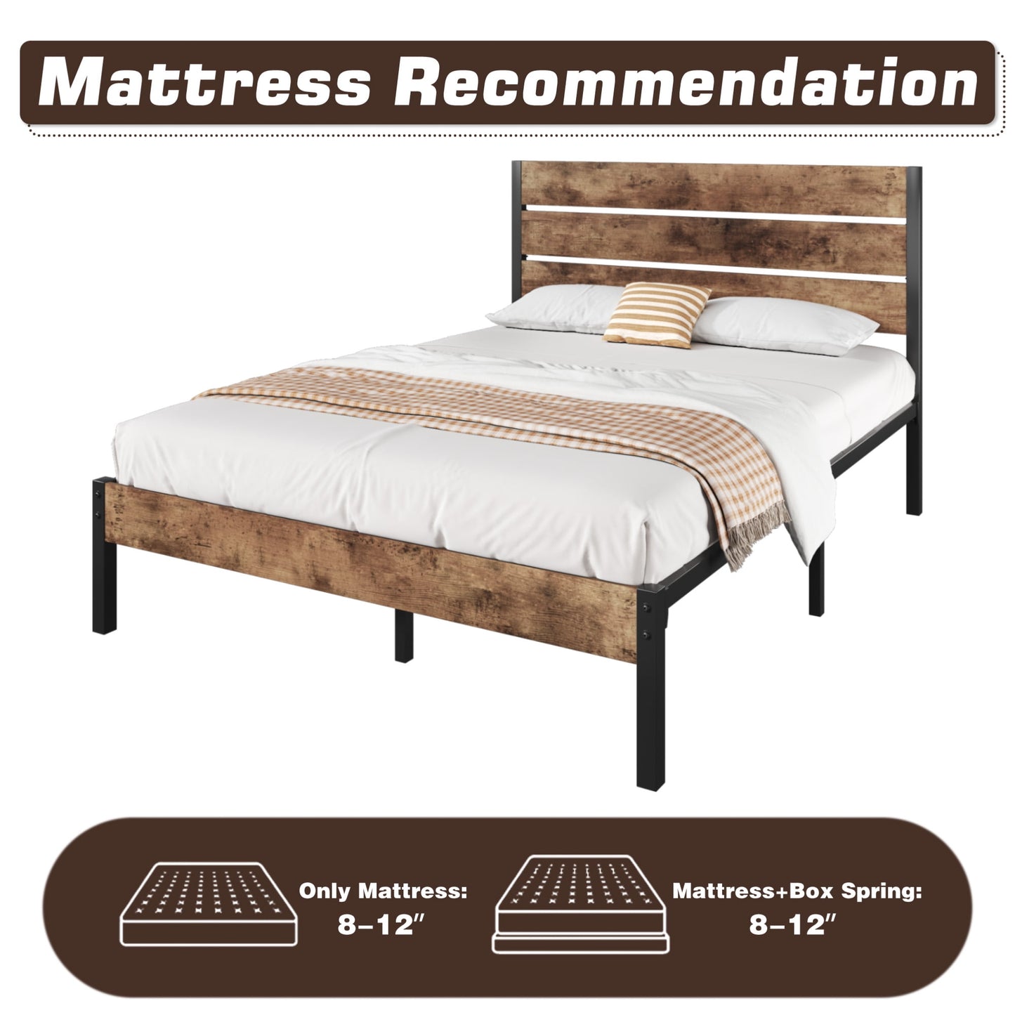 Fluest Full Size Bed Frame with Headboard and Footboard,Metal Support,No Box Spring Needed, Rustic Brown