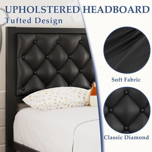 Bed Frame with Headboard PU Leather Upholstered, All Metal Slats Support Platform, Twin, Black