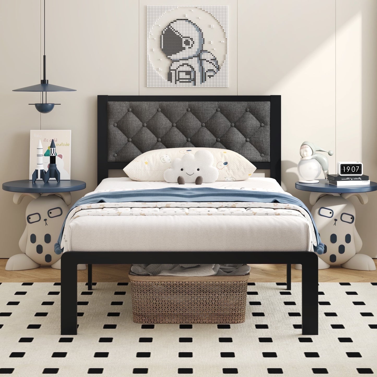 Bed Frame with Headboard Linen Upholstered, All Metal Slats Support Platform, Twin, Grey