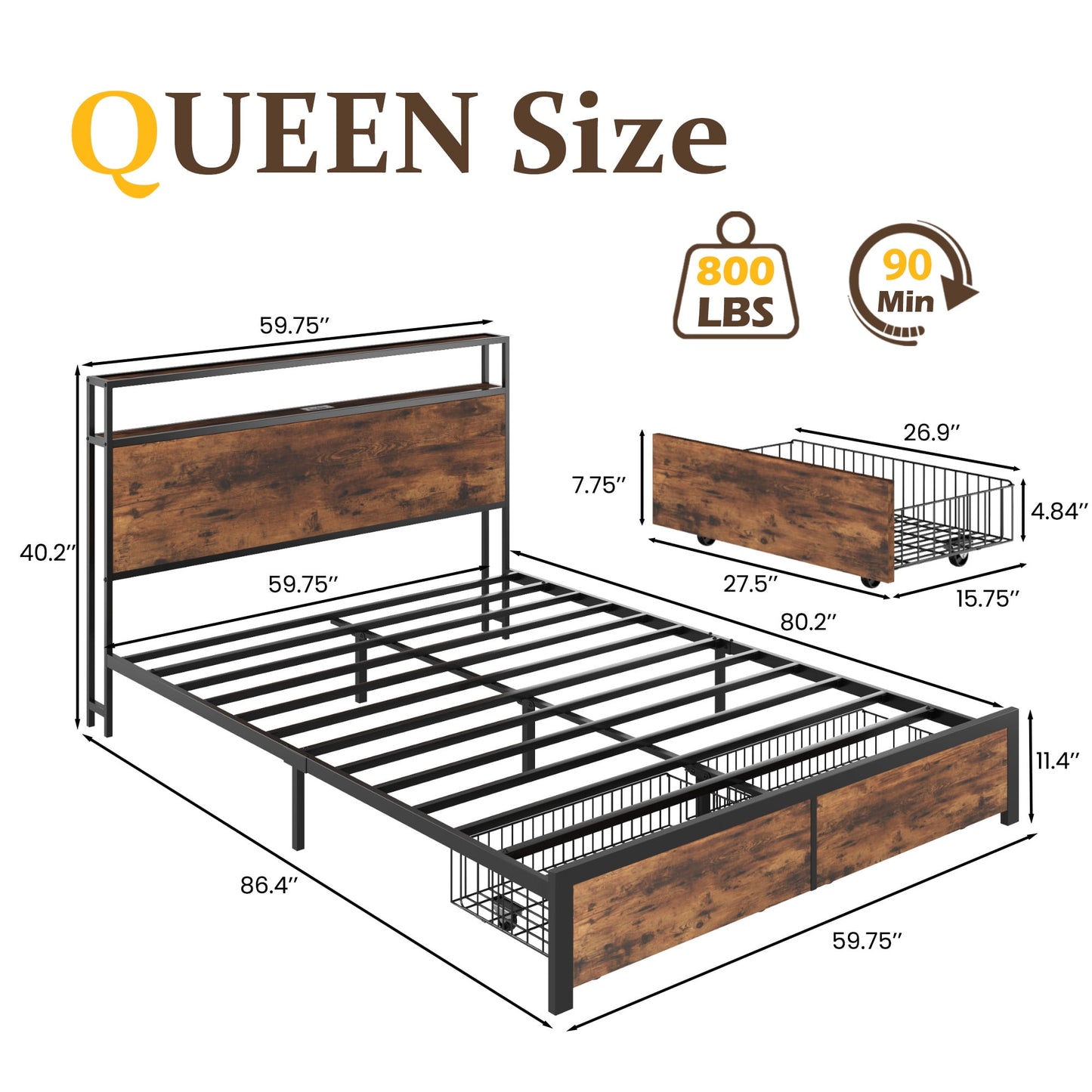 Fluest Queen Bed Frame with 2-Tier Storage Headboard, Metal Bed Frame with Storage Drawers & Built-in Charging Station & LED, Noise-Free, No Box Spring Needed, Easy Assembly, Retro Brown