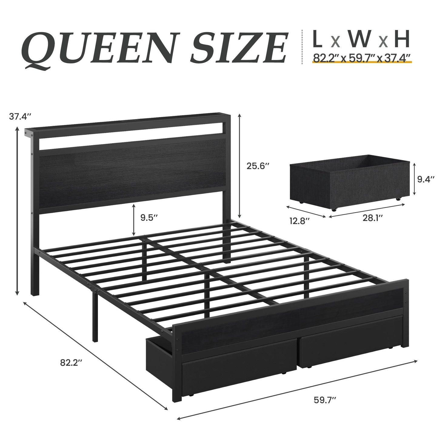 Fluest Queen Bed Frame,Queen Bed Frame with Storage Headboard & 2 Storage Drawer, Charging Station & LED Light, No Box Spring Needed, Noise Free, Easy Assembly, Classic Black