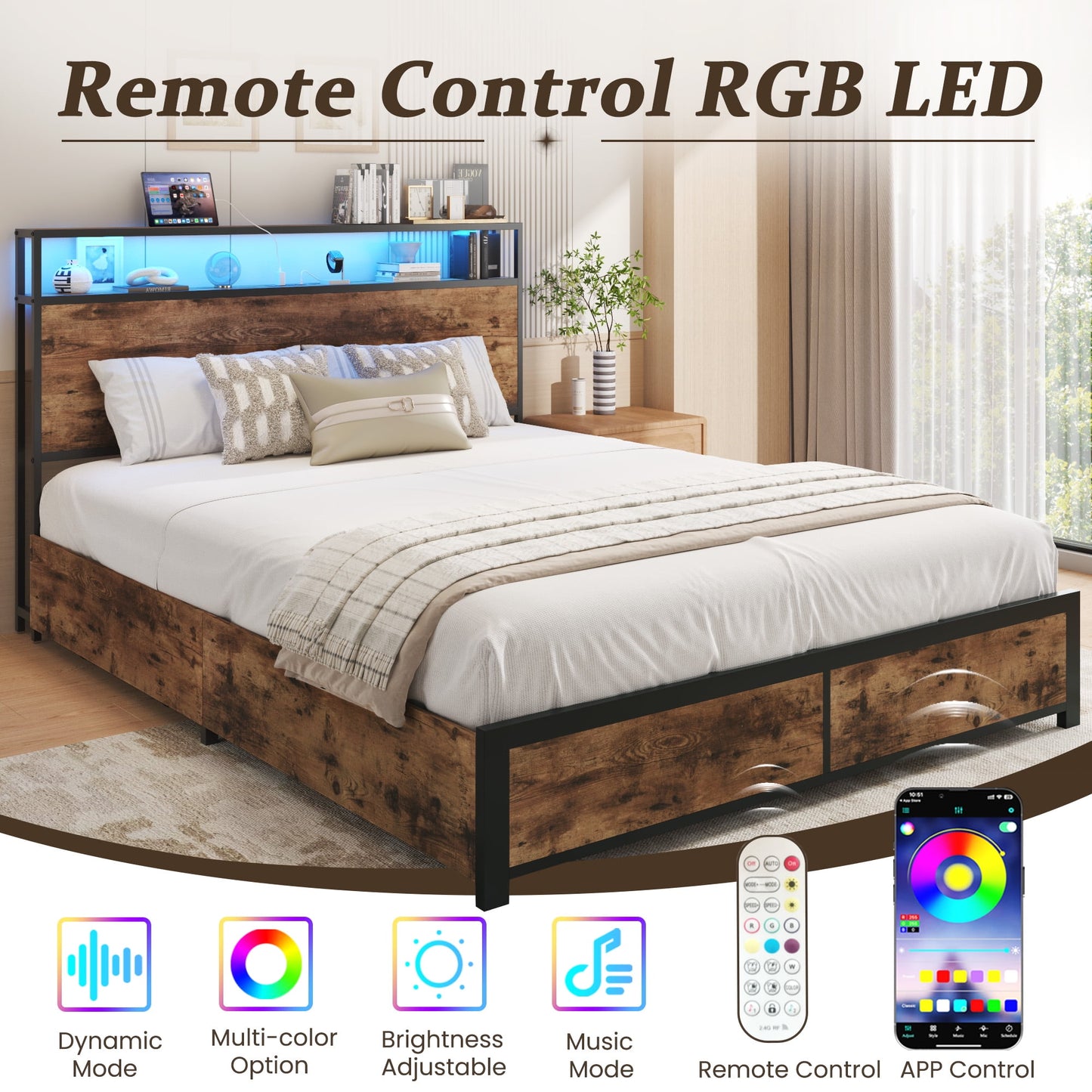 Fluest Queen Bed Frame with 2-Tier Storage Headboard, USB Port and LED Light, 4 Storage Drawers, Brown