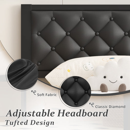 Bed Frame with Headboard PU Leather Upholstered and All Metal Slats Support Platform, Twin