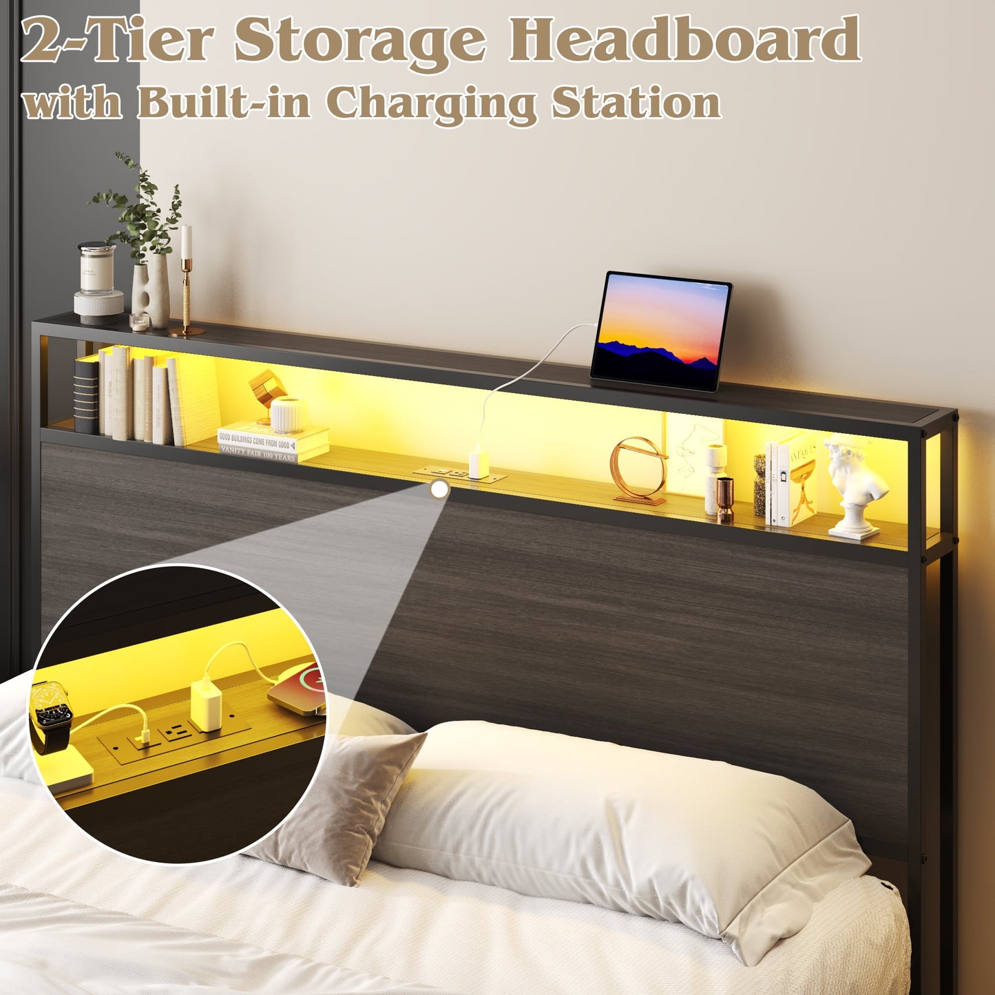 Fluest Full Bed Frame with 2-Tier Storage Headboard, USB Port and LED Light, 4 Storage Drawers, Grey