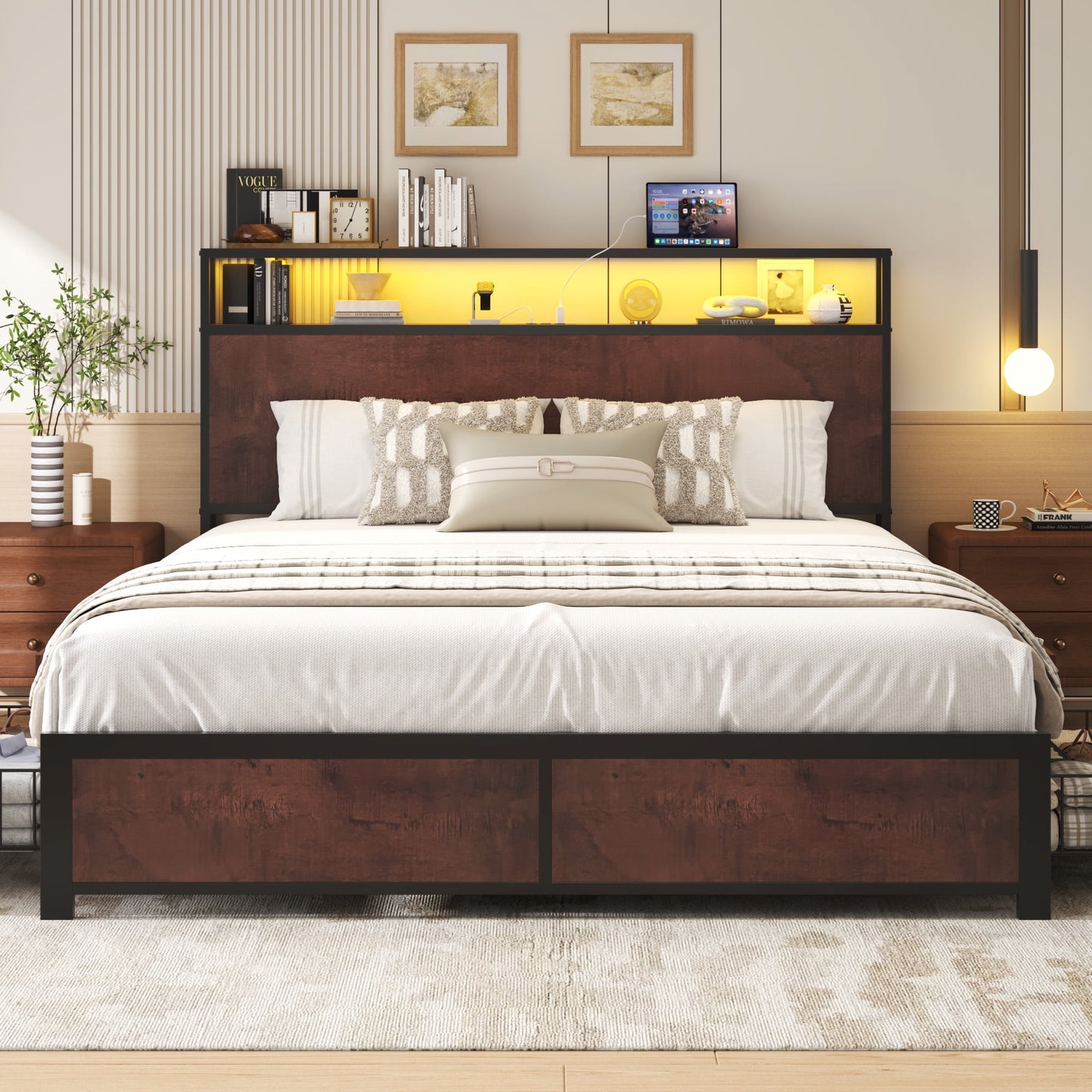 Fluest Queen Bed Frame with USB Port and LED Light, 2-Tier Storage Headboard, 4 Storage Drawers, Rustic Brown