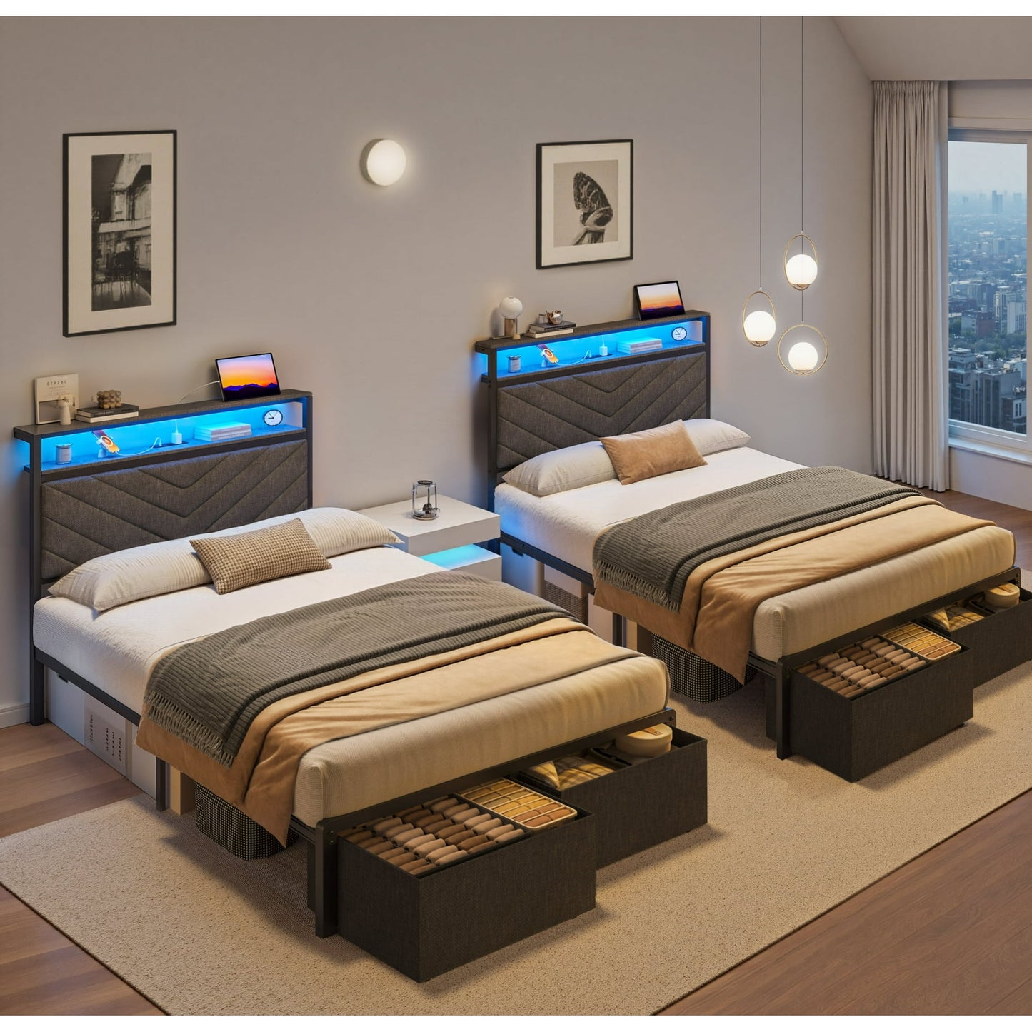 Fluest Twin Bed Frame with 2-Tier Storage Headboard, USB Port and LED Light, 2 Storage Drawers, Gray