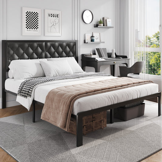 Bed Frame with Headboard PU Leather Upholstered, All Metal Slats Support Platform, Queen, Black