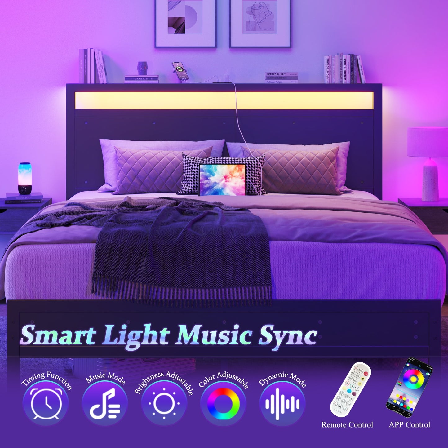 Queen Bed Frame with LED Headboard & Charging Station, Noise-Free, No Box Spring Needed, Classic Black