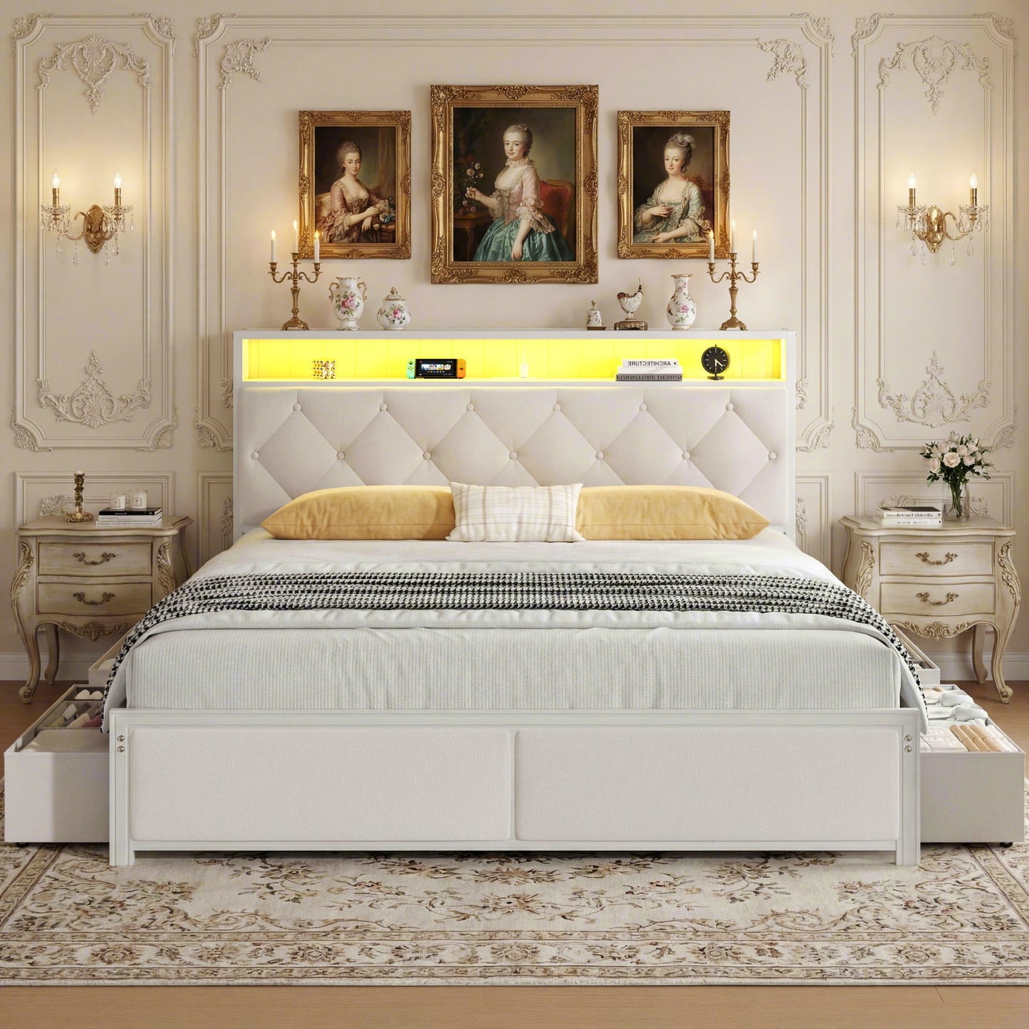 Fluest Queen Size Bed Frame, Upholstered Storage Headboard, 4 Fabric Drawers, Fast Charging Station, LED Lights, Beige, No Box Spring Needed, Easy Assembly