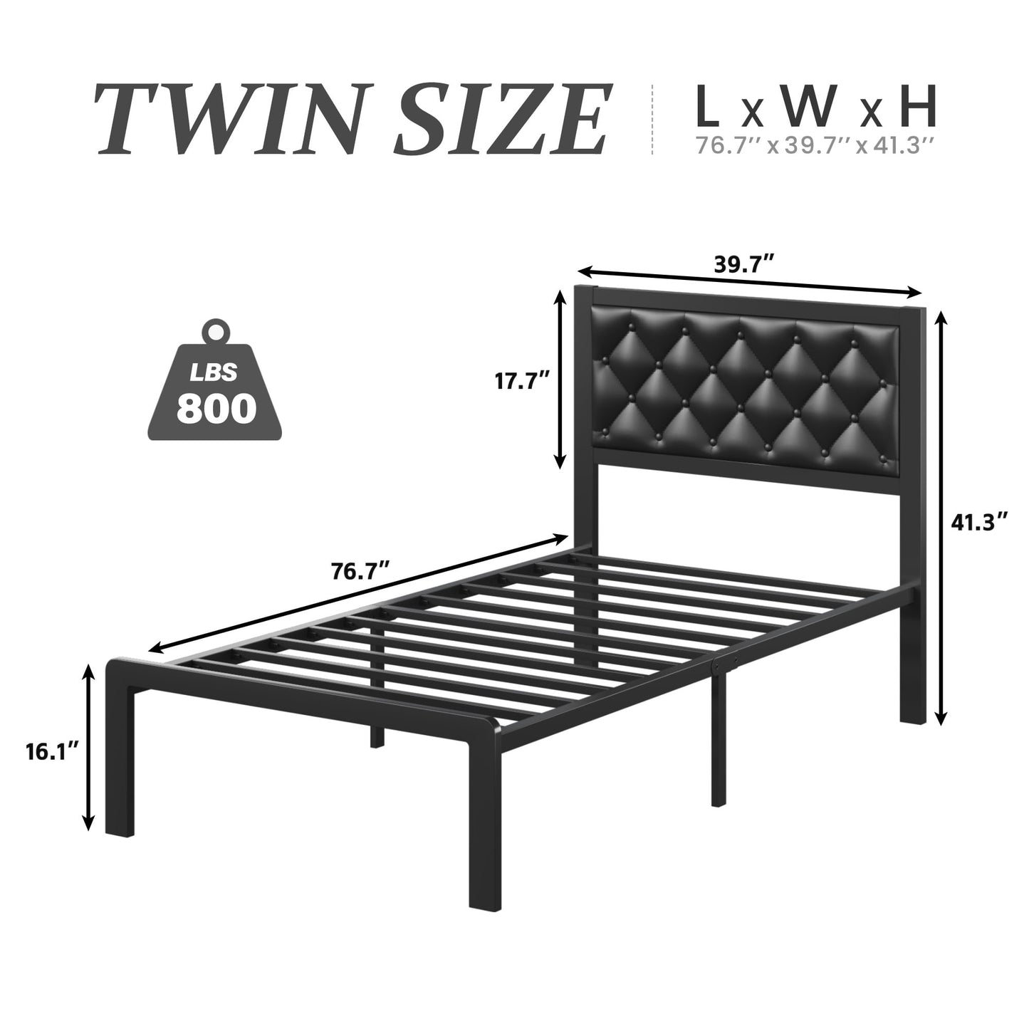 Bed Frame with Headboard PU Leather Upholstered and All Metal Slats Support Platform, Twin