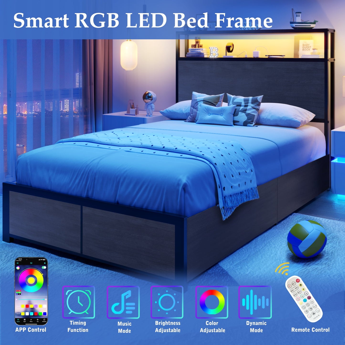 Fluest Twin Bed Frame with 2-Tier Storage Headboard, USB Port and LED Light, 4 Storage Drawers, Brown