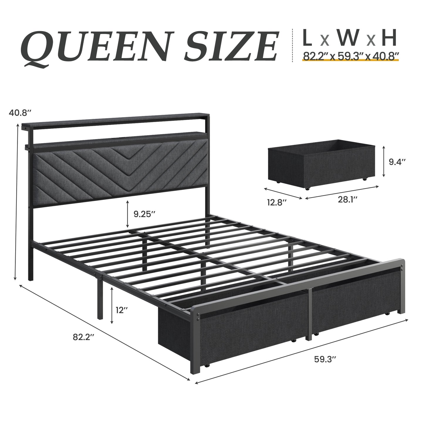 Fluest Bed Frame with 2-Tier Storage Headboard, USB Port and LED Light, 2 Storage Drawers, Gray