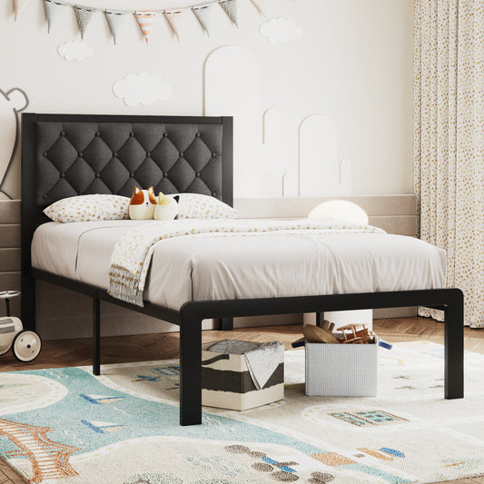 Bed Frame with Headboard Linen Upholstered, All Metal Slats Support Platform, Twin, Grey