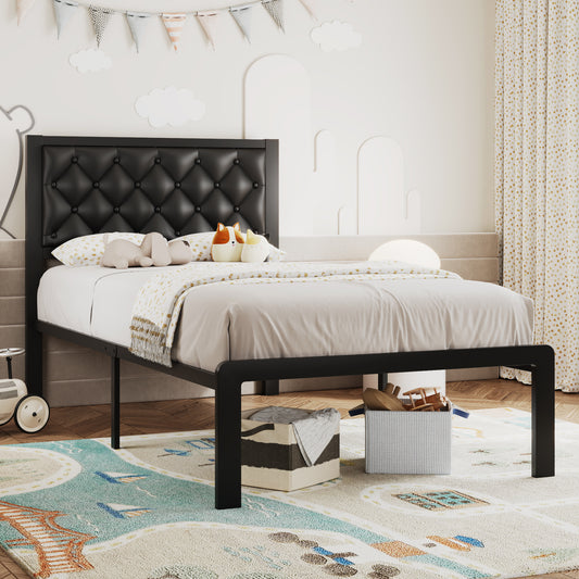 Bed Frame with Headboard PU Leather Upholstered, All Metal Slats Support Platform, Twin, Black