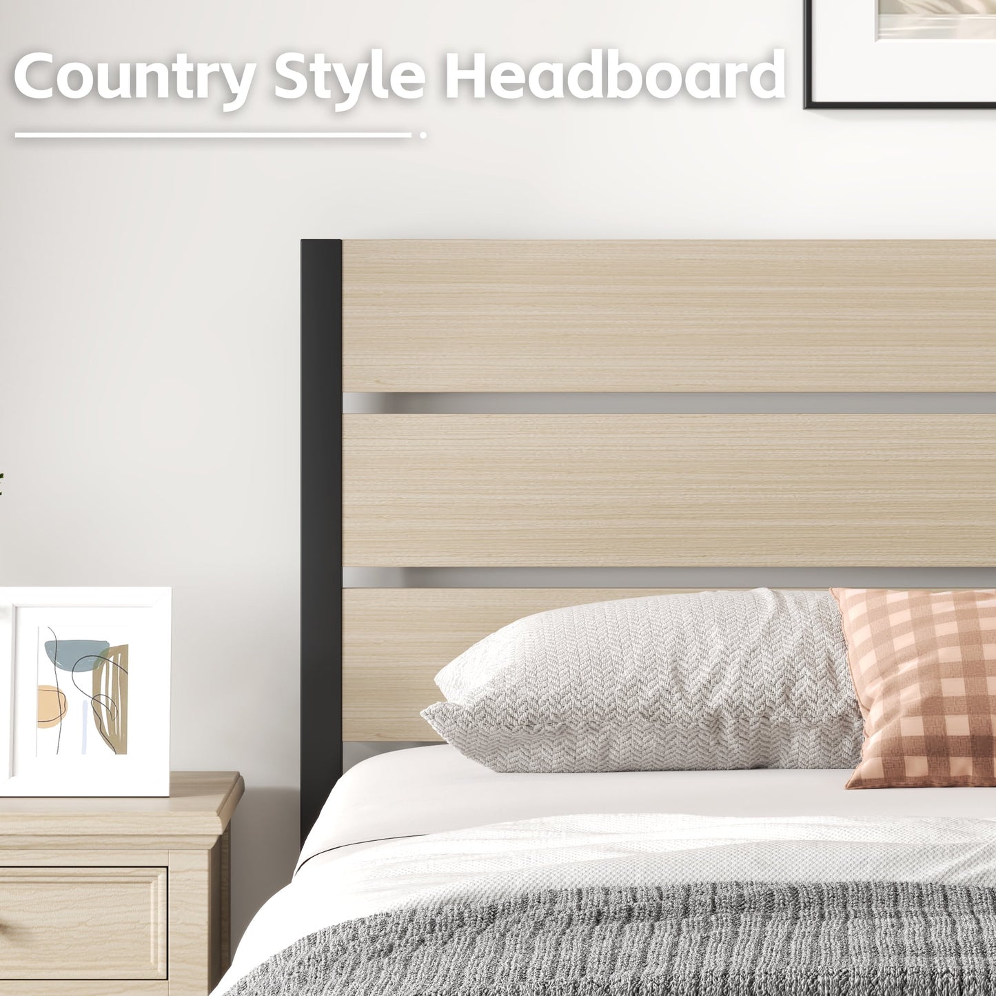 Fluest Queen Size Bed Frame with Headboard and Footboard,Metal Support,No Box Spring Needed, Begie