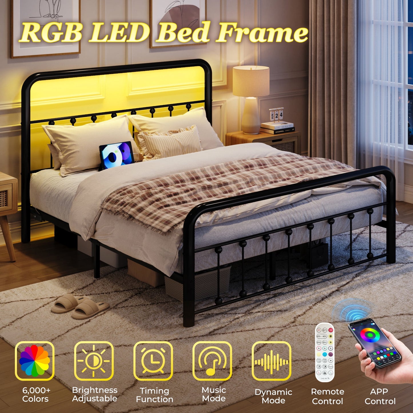 Fluest Queen Metal Platform Bed Frame with Charging Station and LED, Classic Headboard, No Box Spring Required, Modern Black