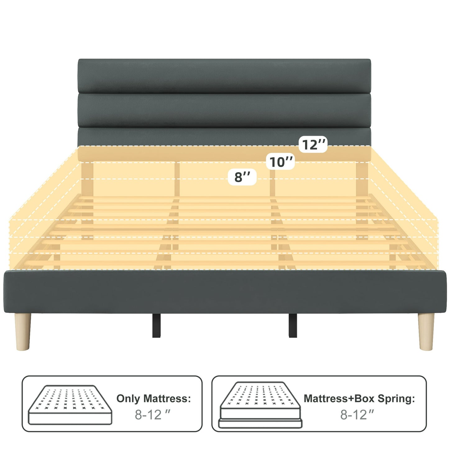 Fluest King Bed Frame with Velvet Upholstered Headboard, Metal Support and No Box Spring