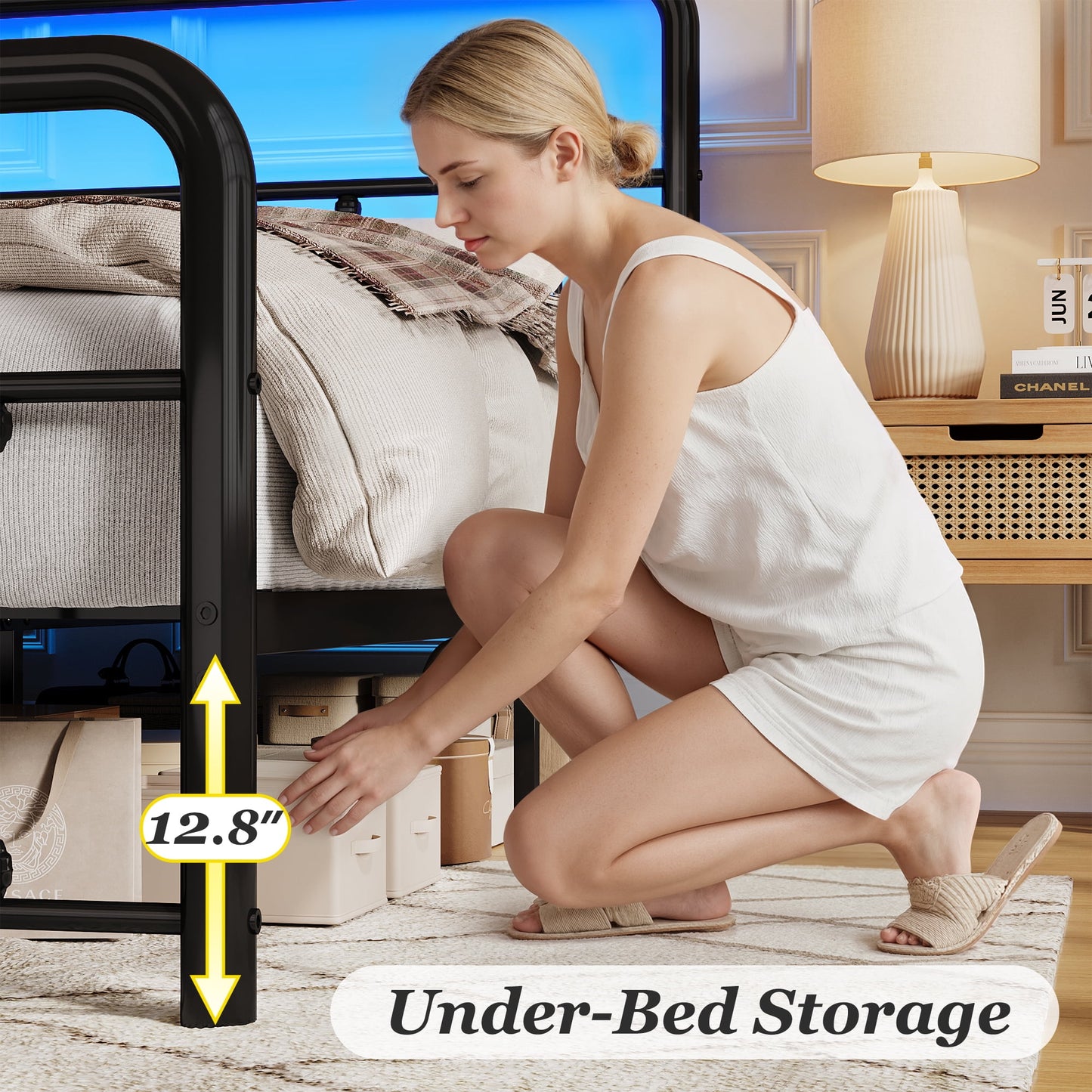 Fluest Queen Metal Platform Bed Frame with Charging Station and LED, Classic Headboard, No Box Spring Required, Modern Black