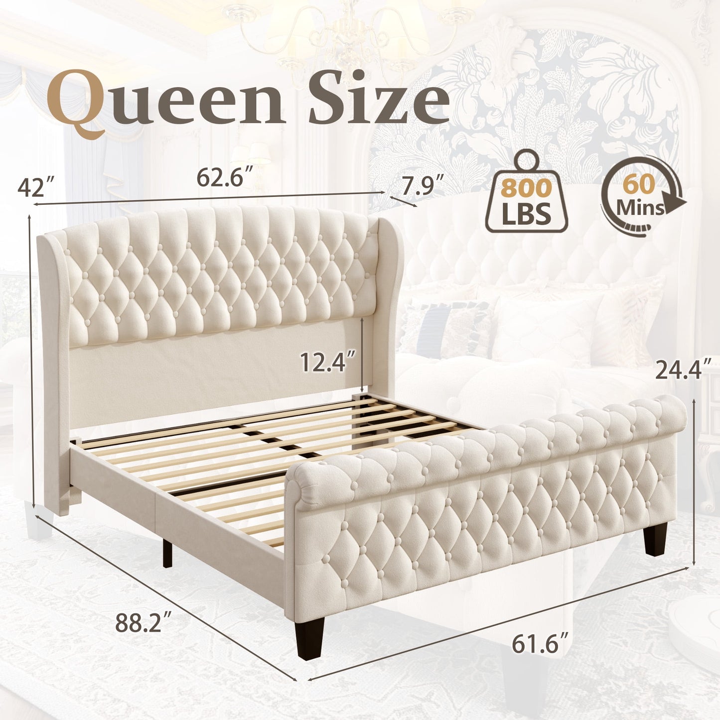 Queen Bed Frame, 42" Tall Velvet Upholstered Sleigh Bed with Wingback Headboard & Scroll Footboard, No Box Spring Needed, Sturdy Support, Easy Assembly, Noise Free, Button Tufted, Beige