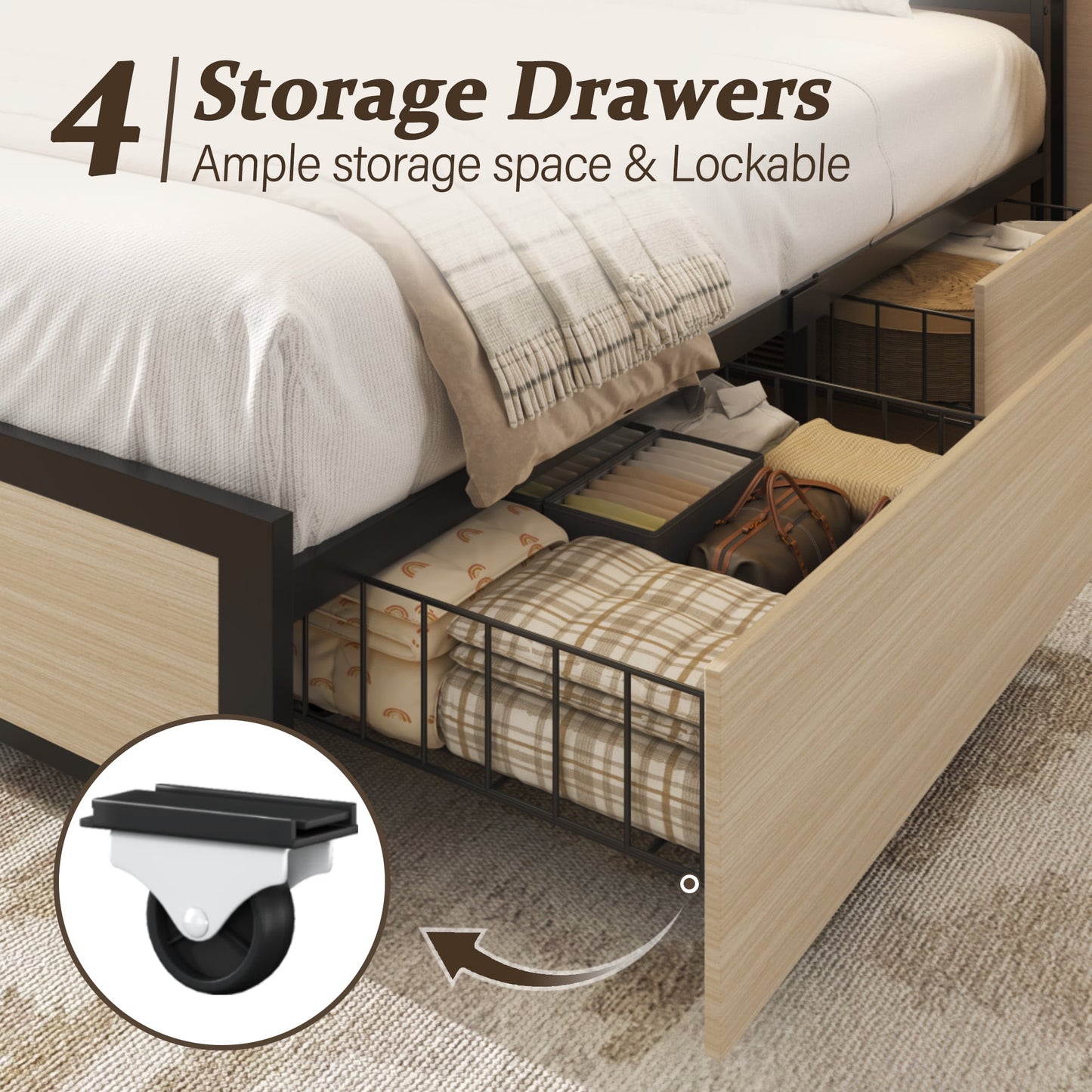 Queen Bed Frame with 2-Tier Headboard, Metal Support, USB Port & LED Light, 4 Storage Drawers, Begie