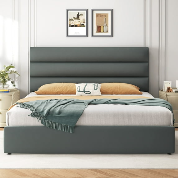 Bed Frame with Storage Drawers, Upholstered Headboard, Metal Support, Queen, Grey