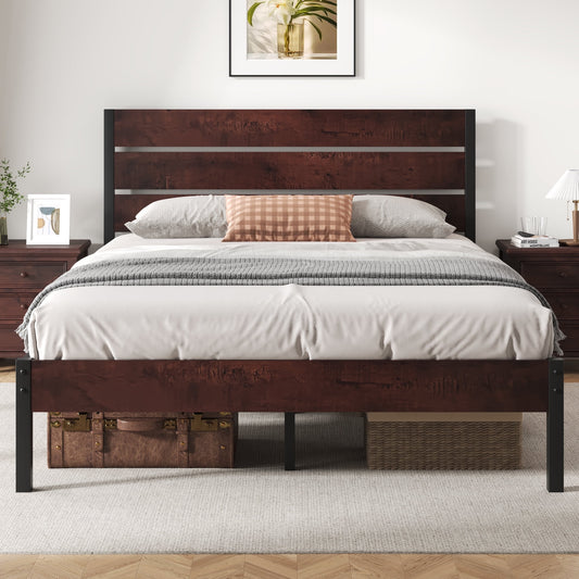 Fluest Full Bed Frame with Rustic Vintage Wood Headboard and Footboard, Metal Support, Vintage Brown