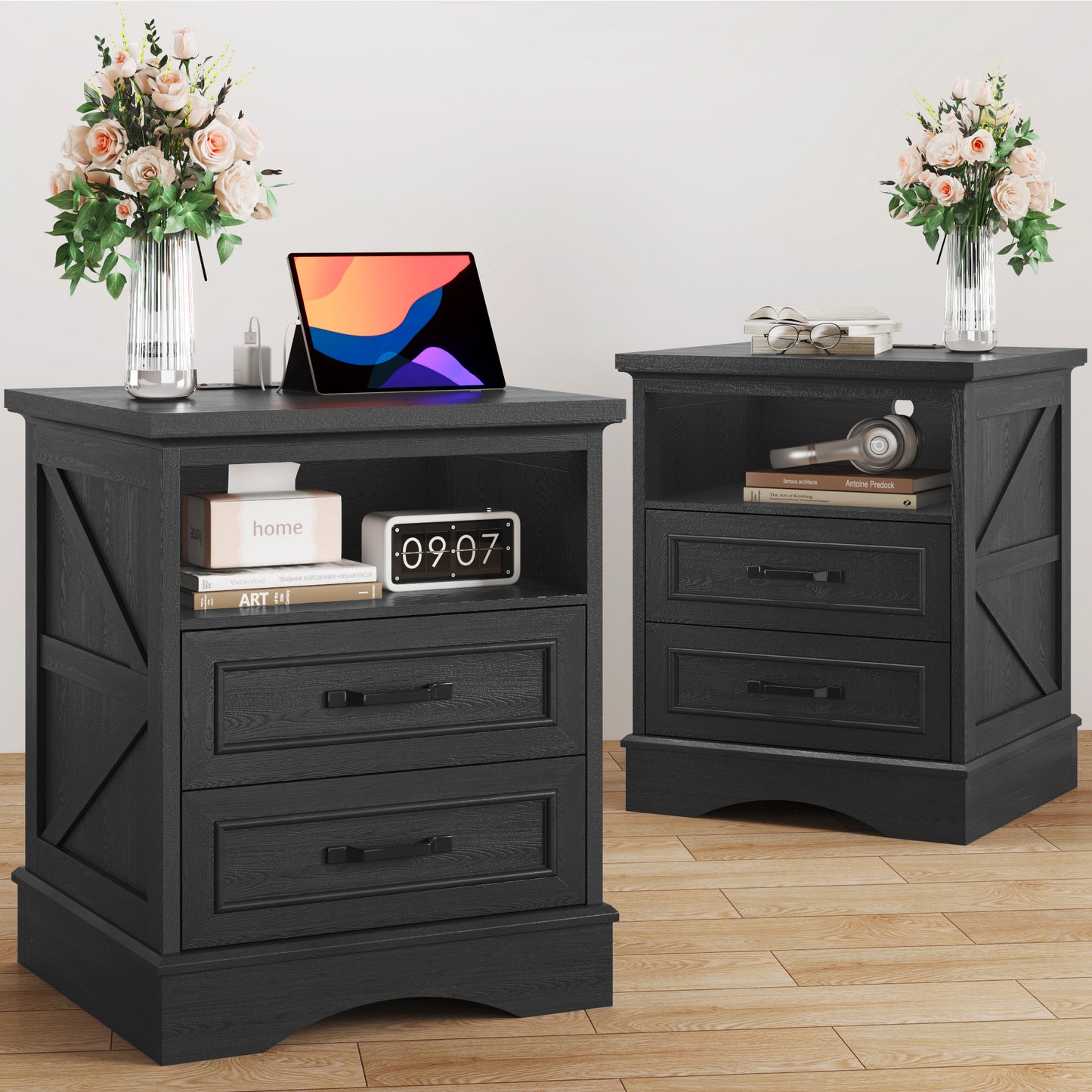 Fluest 24” Tall Farmhouse Nightstands, Night Stands with Charging Station, Beside Tables with Drawers and Open Storage, Rustic End Tables for Bedroom, Antique White/Black