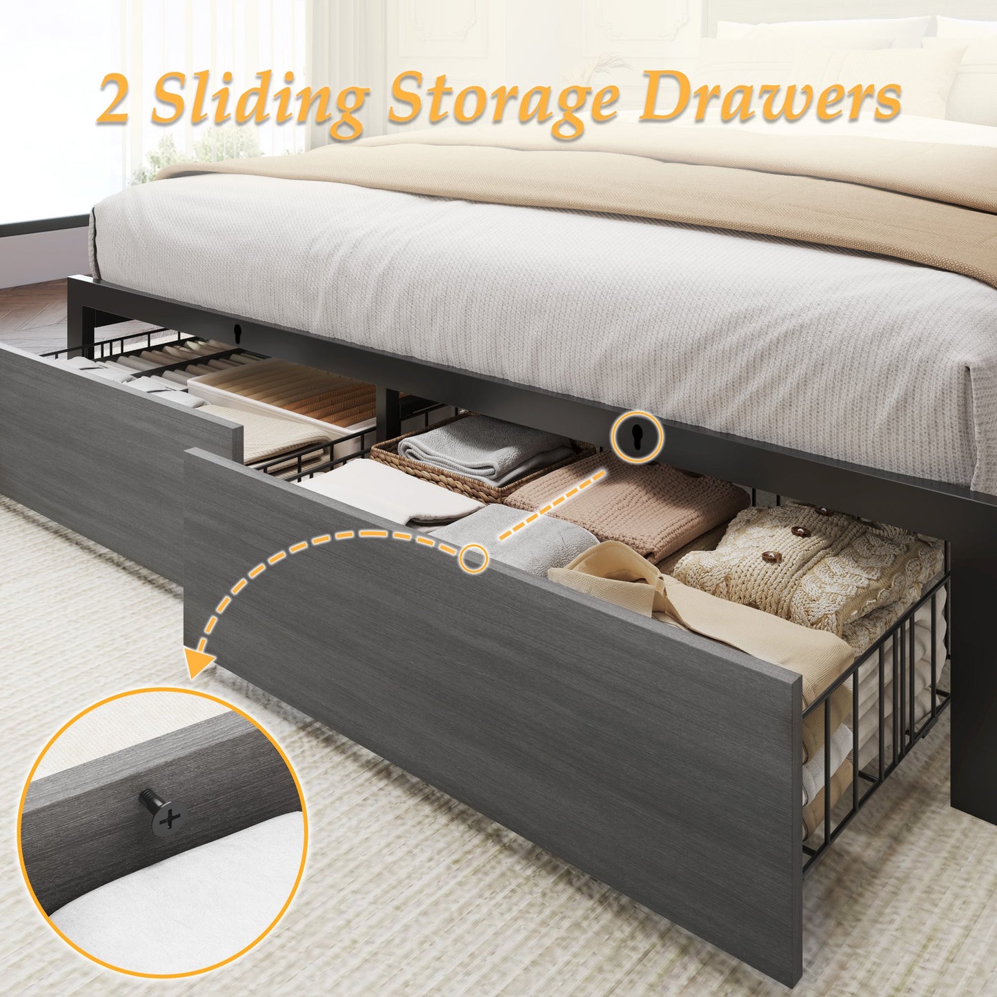 Queen Bed Frame with Headboard and Storage,2-Tier Storage Headboard & Foot-Board Drawers, Rustic Grey