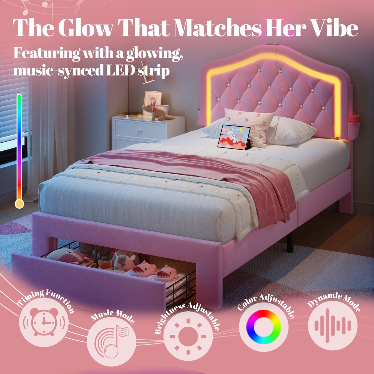 Fluest Tufted Diamond Twin Bed Frame, Pink Upholstered Headboard, USB Port, LED Light & Underbed Storage Drawer