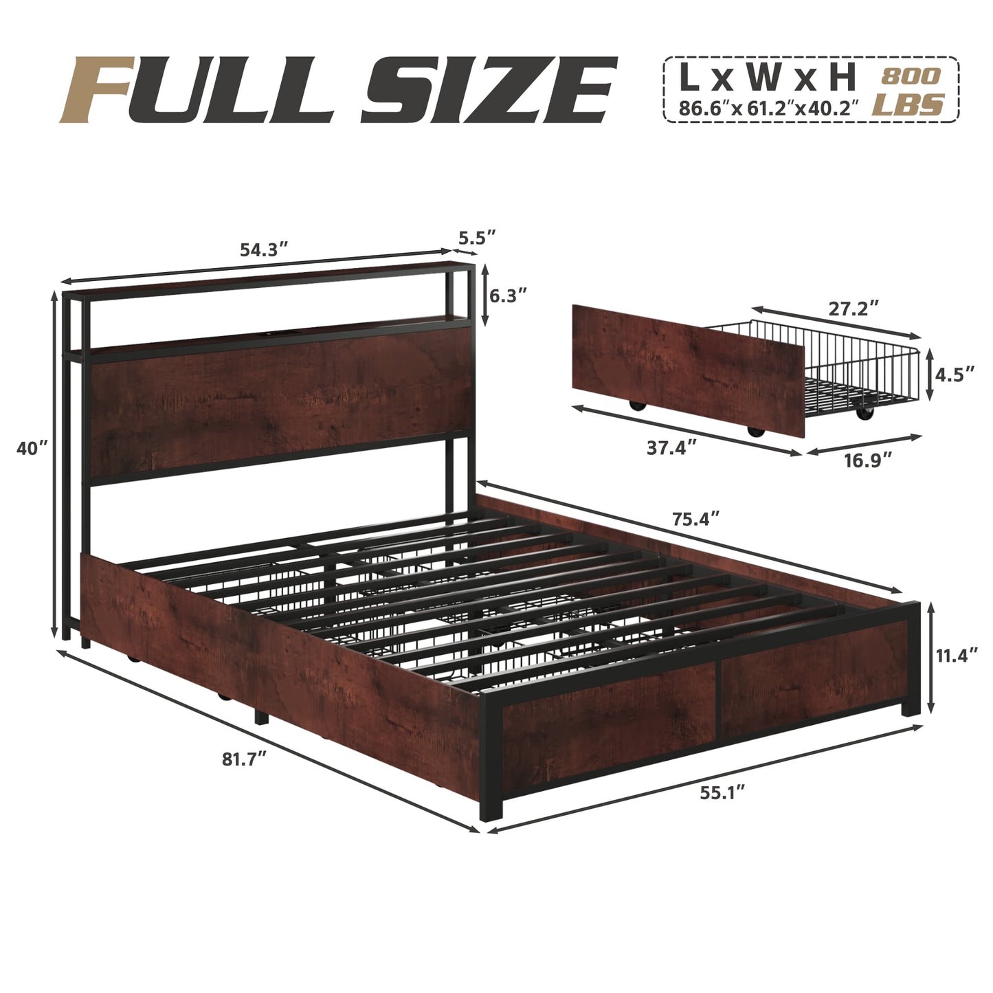 Fluest Full Bed Frame with 2-Tier Storage Headboard, USB Port and LED Light, 4 Storage Drawers, Rustic Brown