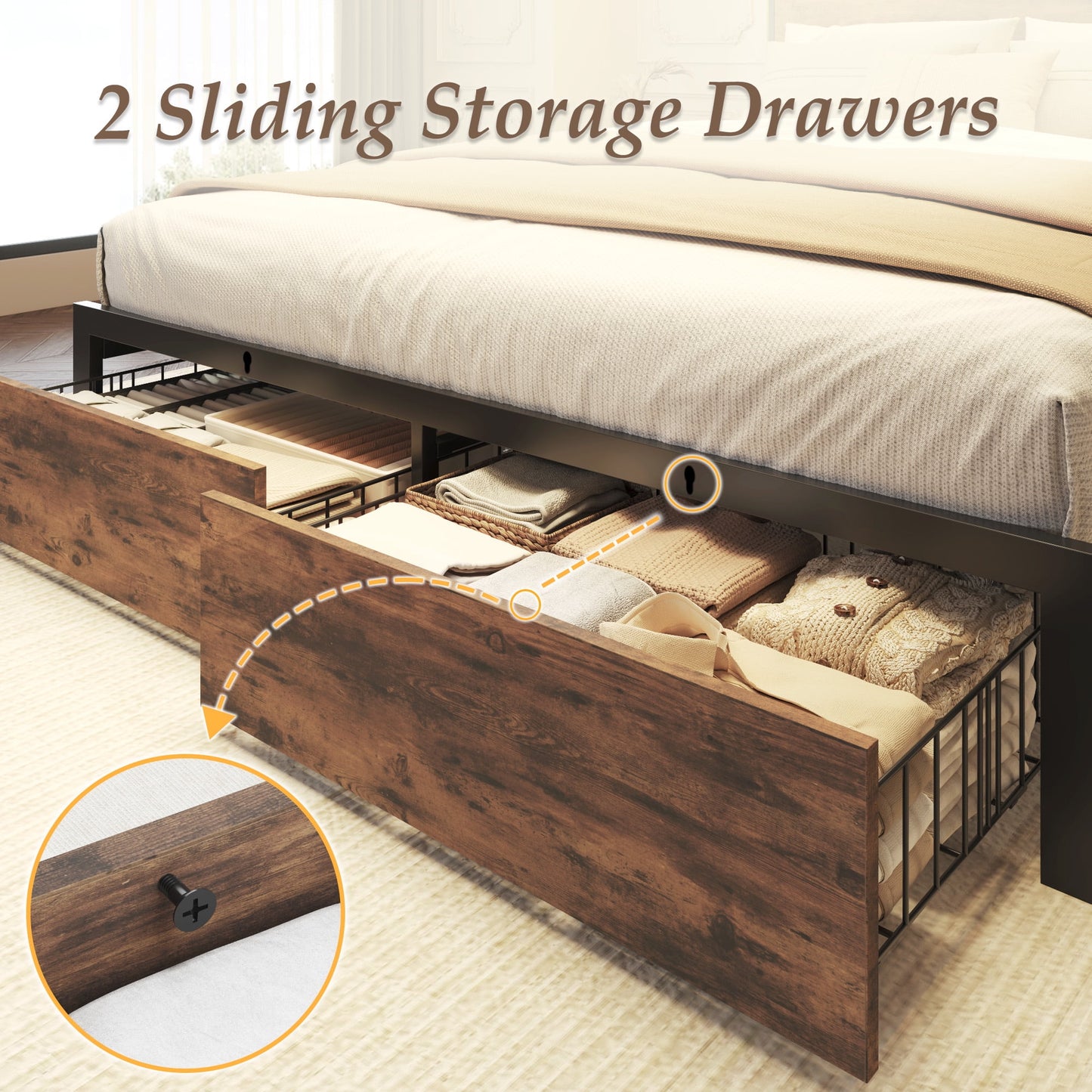 Full Bed Frame with Headboard and Storage,2-Tier Storage Headboard & Foot-Board Drawers, Rustic Brown