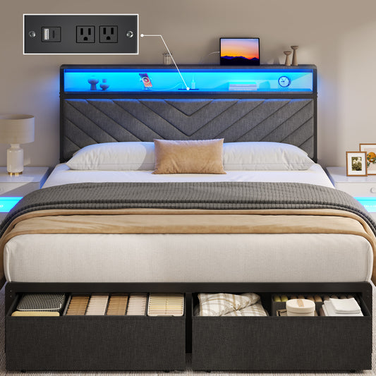 Fluest Queen Bed Frame wit Storage Drawers, Upholstered Headboard with Charging Station, LED Lights, Fabric Drawers with Wheels, Under Bed Storage, No Box Spring Needed, Easy Assembly, Grey