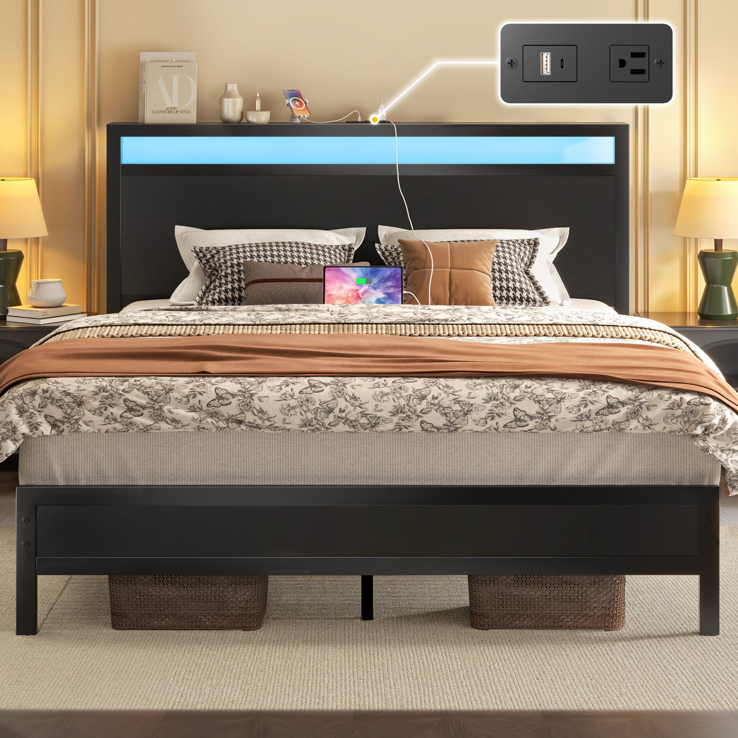Fluest Queen Bed Frame with Headboard & Footboard, Bed Frame with Built-in Charging Station & LED Light, Storage Shelf, Noise-Free, No Box Spring Needed, Easy Assembly
