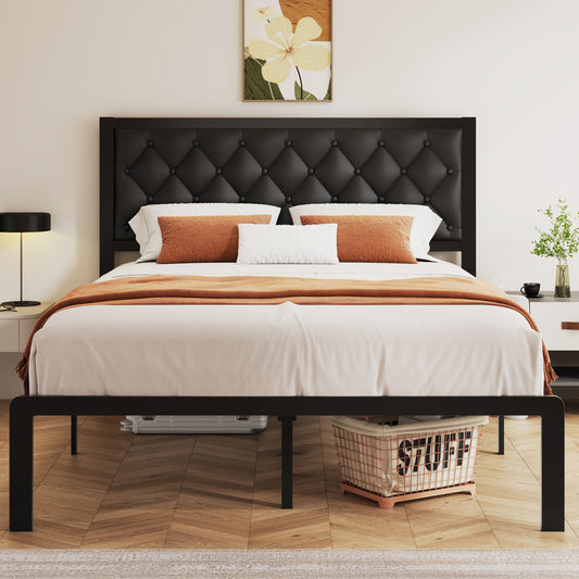 Bed Frame with Headboard PU Leather Upholstered, All Metal Slats Support Platform, Queen, Black