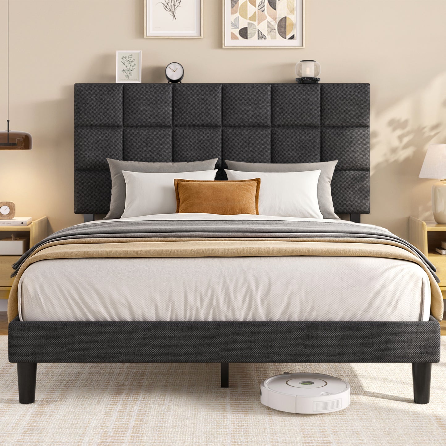 Fluest Platform Bed Frame with Linen Upholstered Adjustable Tall Headboard, No Box Spring Needed, Anti-Noise EVA Sponge, Easy Assembly, One-Box Shipping, 7.5 Inch Under Bed Storage