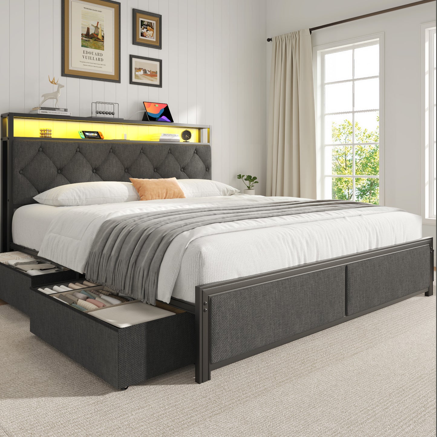Fluest Queen Bed Frame with Headboard, Storage Drawers, Fast Charging Station, Led Lights, Bed Frame Queen Size with Fabric Drawers, Metal Structure, No Box Spring Needed, Easy Assembly