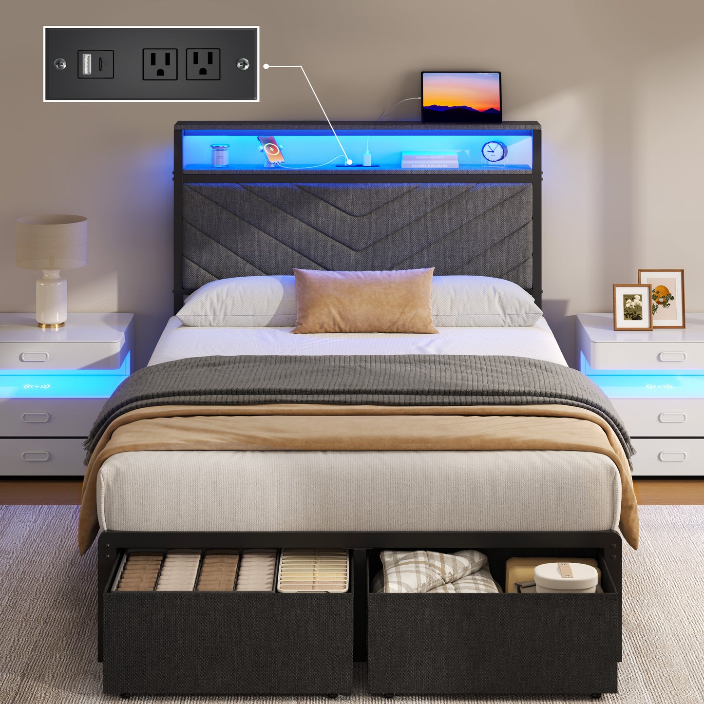 Fluest Bed Frame with 2-Tier Storage Headboard, USB Port and LED Light, 2 Storage Drawers, Gray