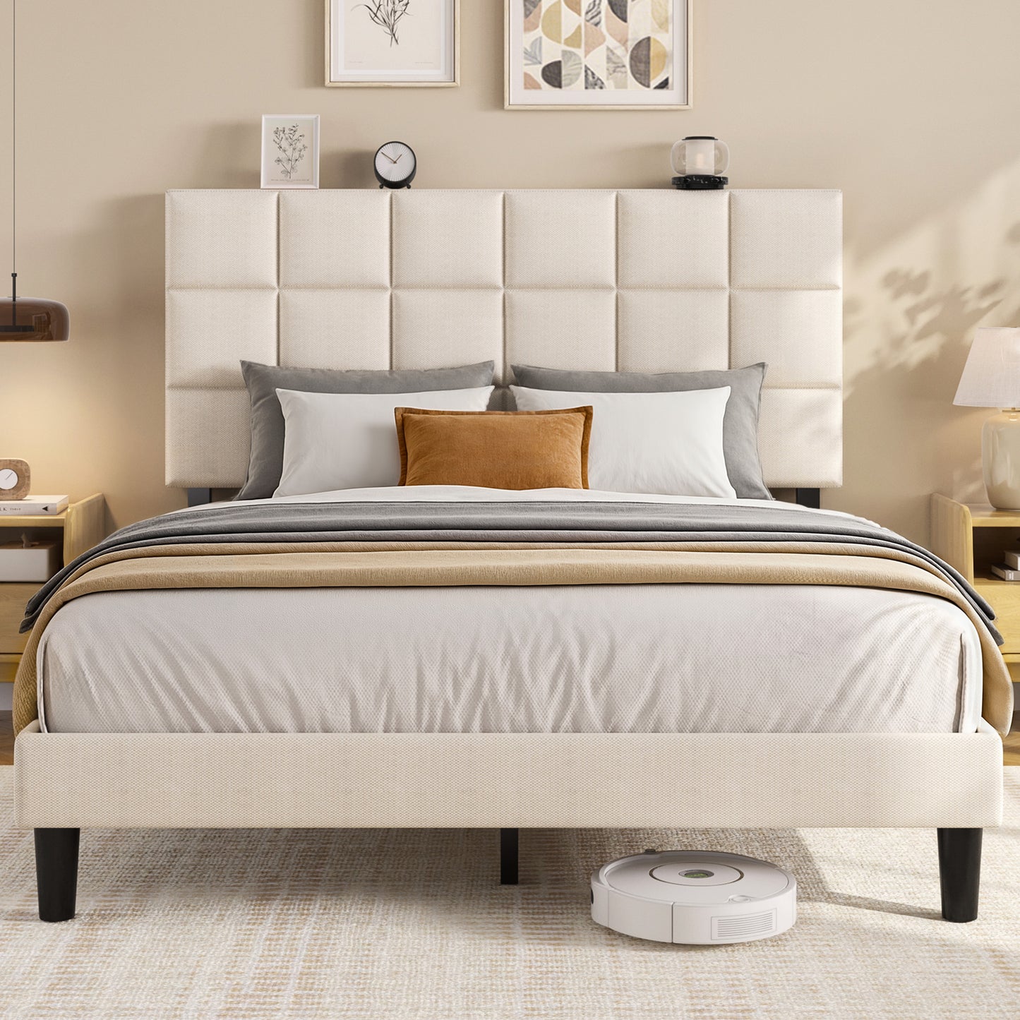 Fluest Platform Bed Frame with Linen Upholstered Adjustable Tall Headboard, No Box Spring Needed, Anti-Noise EVA Sponge, Easy Assembly, One-Box Shipping, 7.5 Inch Under Bed Storage