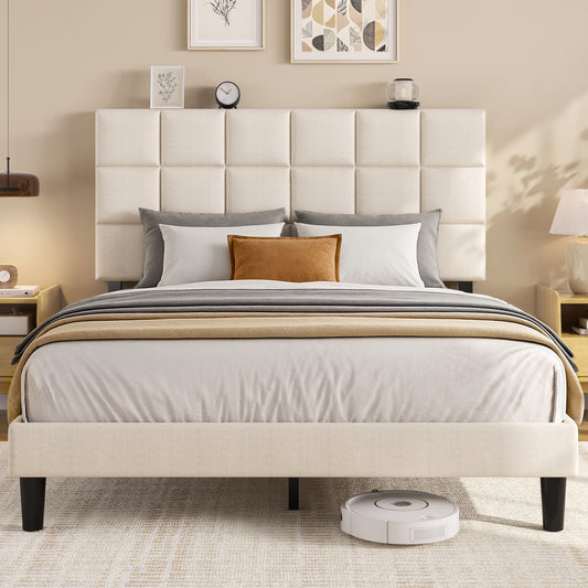 Fluest Platform Bed Frame with Linen Upholstered Adjustable Tall Headboard, No Box Spring Needed, Anti-Noise EVA Sponge, Easy Assembly, One-Box Shipping, 7.5 Inch Under Bed Storage