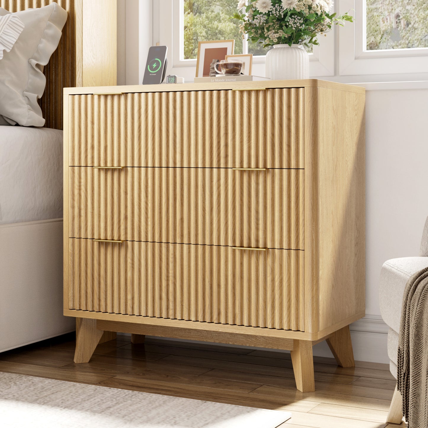 Fluest 32” Wide Nightstands with Fast Charging Station, 32’’ Tall Fluted Night Stand with 3 Large Drawers, Modern End Table Beside Table for Bedroom, Living Room, Curved Profile Design, Anti-Tip Design