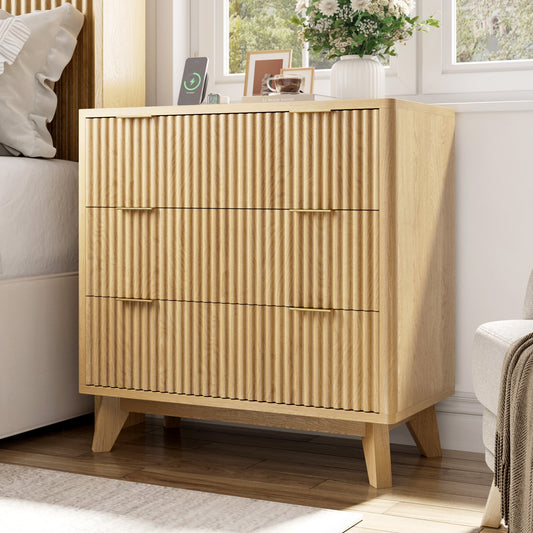 Fluest 32” Wide Nightstands with Fast Charging Station, 32’’ Tall Fluted Night Stand with 3 Large Drawers, Modern End Table Beside Table for Bedroom, Living Room, Curved Profile Design, Anti-Tip Design