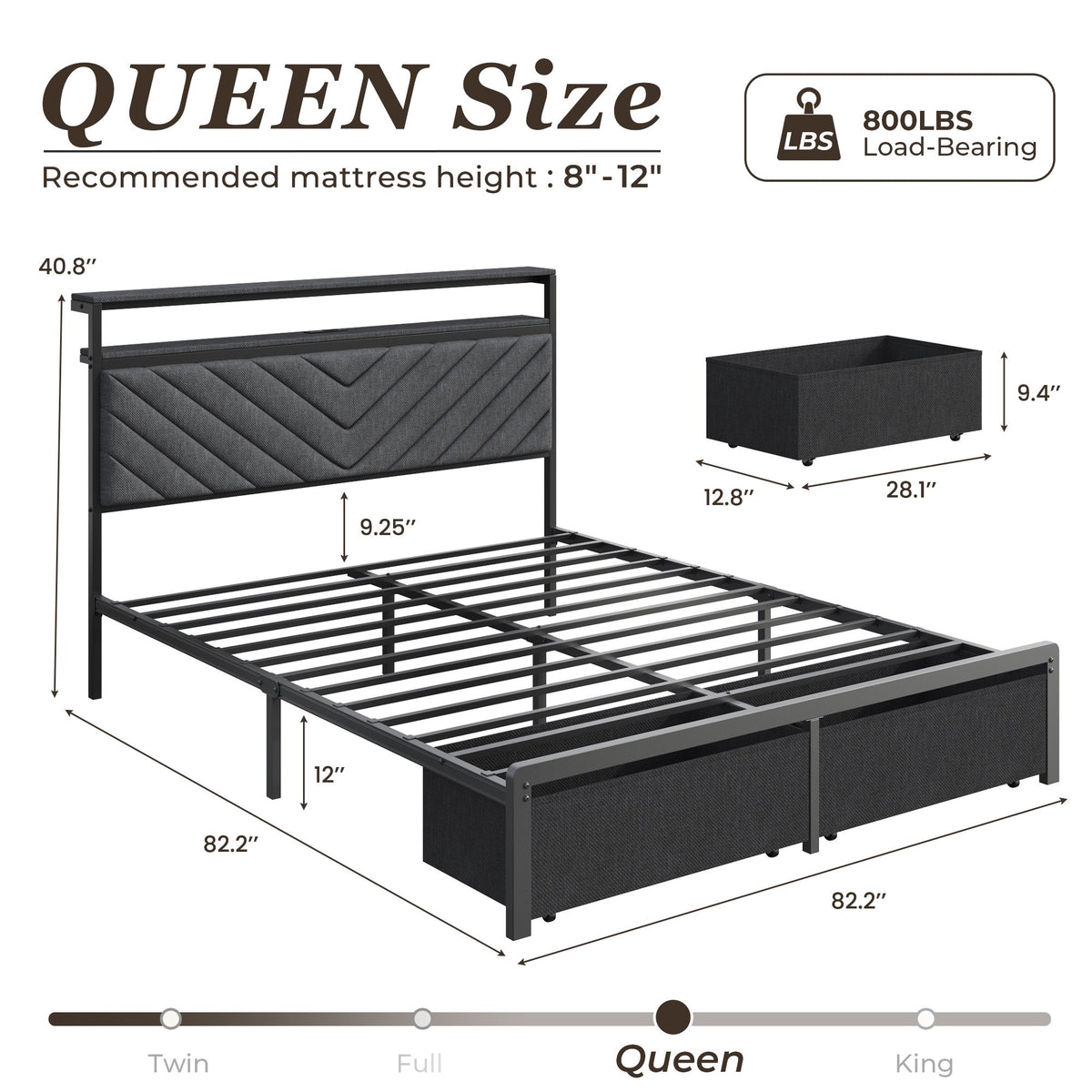 Fluest Queen Bed Frame with Upholstered Headboard, USB Port and LED Light, 2 Storage Drawers, Linen Gray