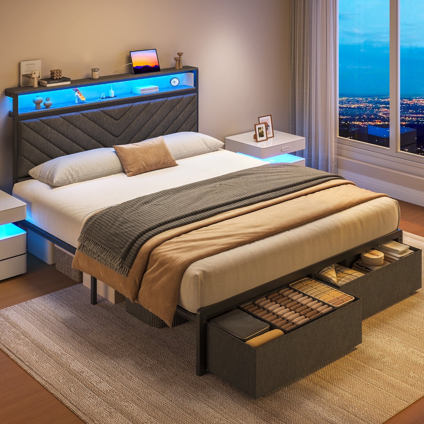 Fluest Bed Frame with 2-Tier Storage Headboard, USB Port and LED Light, 2 Storage Drawers, Gray