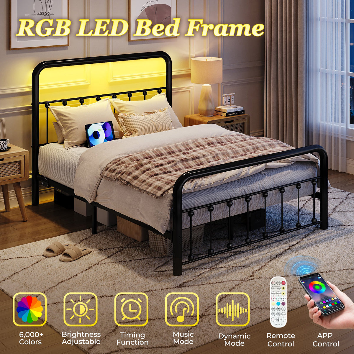Fluest Full Bed Frame, Classic Metal Platform Bed Frame, with Charging Station and LED, No Need for Springs, Black