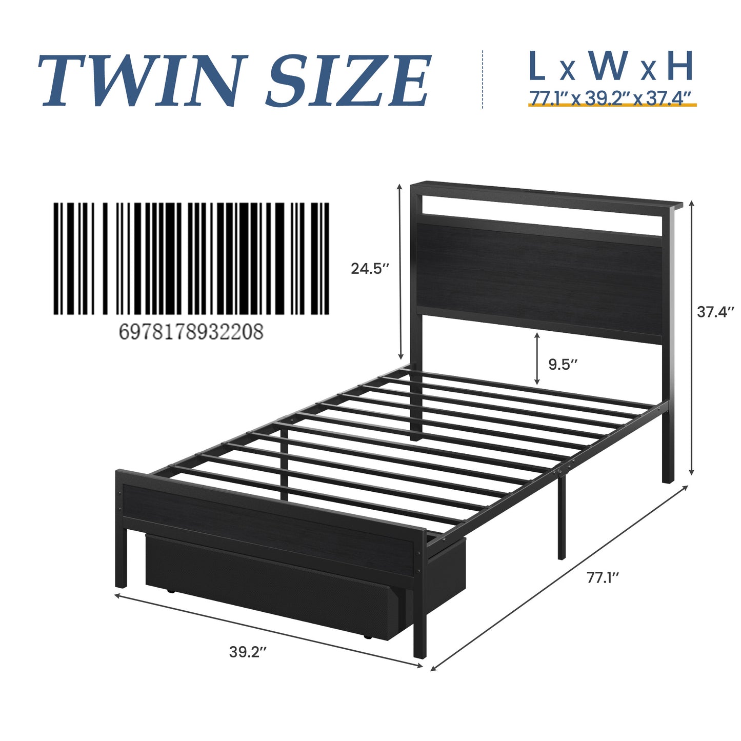 Twin Bed Frame,Twin Bed Frame with Storage Headboard & Storage Drawer, Charging Station & LED Light, No Box Spring Needed, Noise Free, Easy Assembly, Classic Black