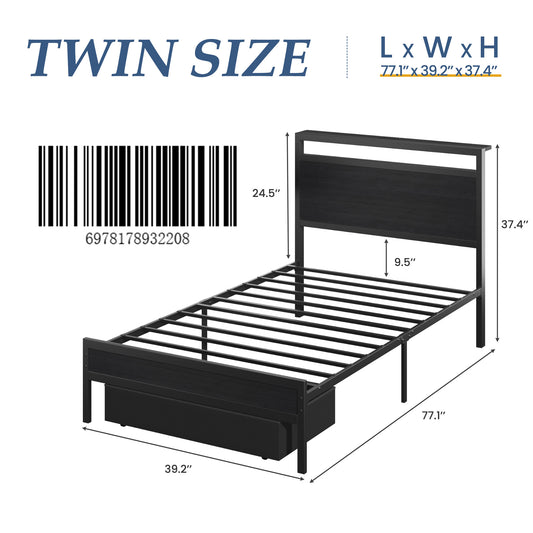 Twin Bed Frame,Twin Bed Frame with Storage Headboard & Storage Drawer, Charging Station & LED Light, No Box Spring Needed, Noise Free, Easy Assembly, Classic Black